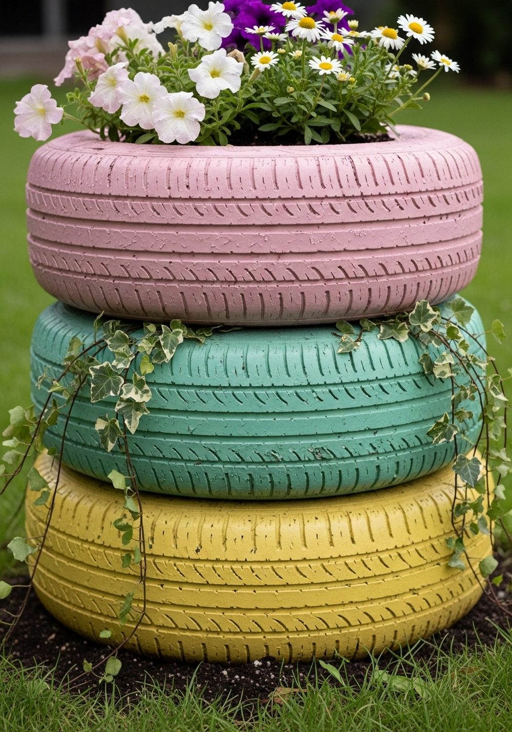 Pastel Stacked Tire Flower Tower