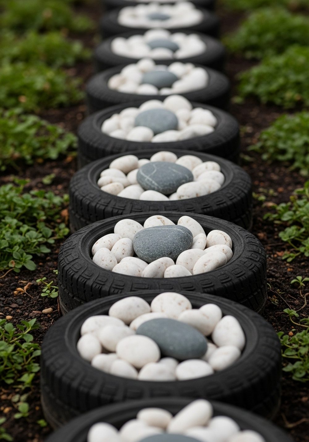 Pebble-Filled Tire Ring Edging