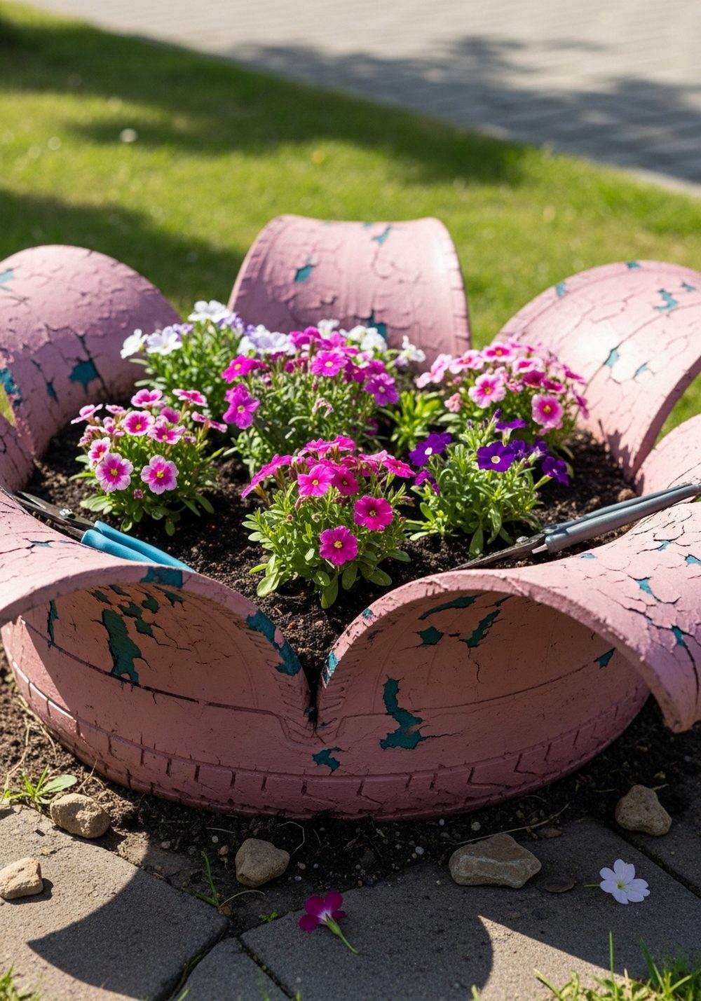 Petal-Cut Tire Planter With Curved Edges