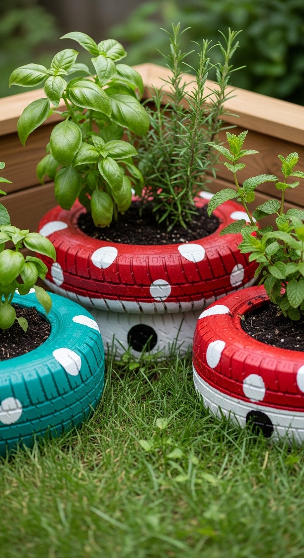 Polka-Dot Tire Mushroom Herb Planters