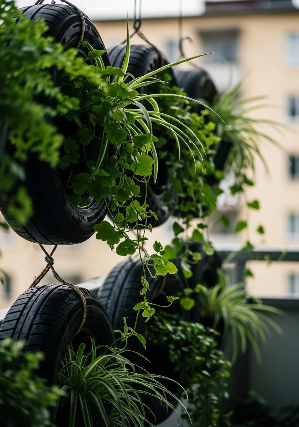 Privacy Screen Row Of Hanging Tire Planters