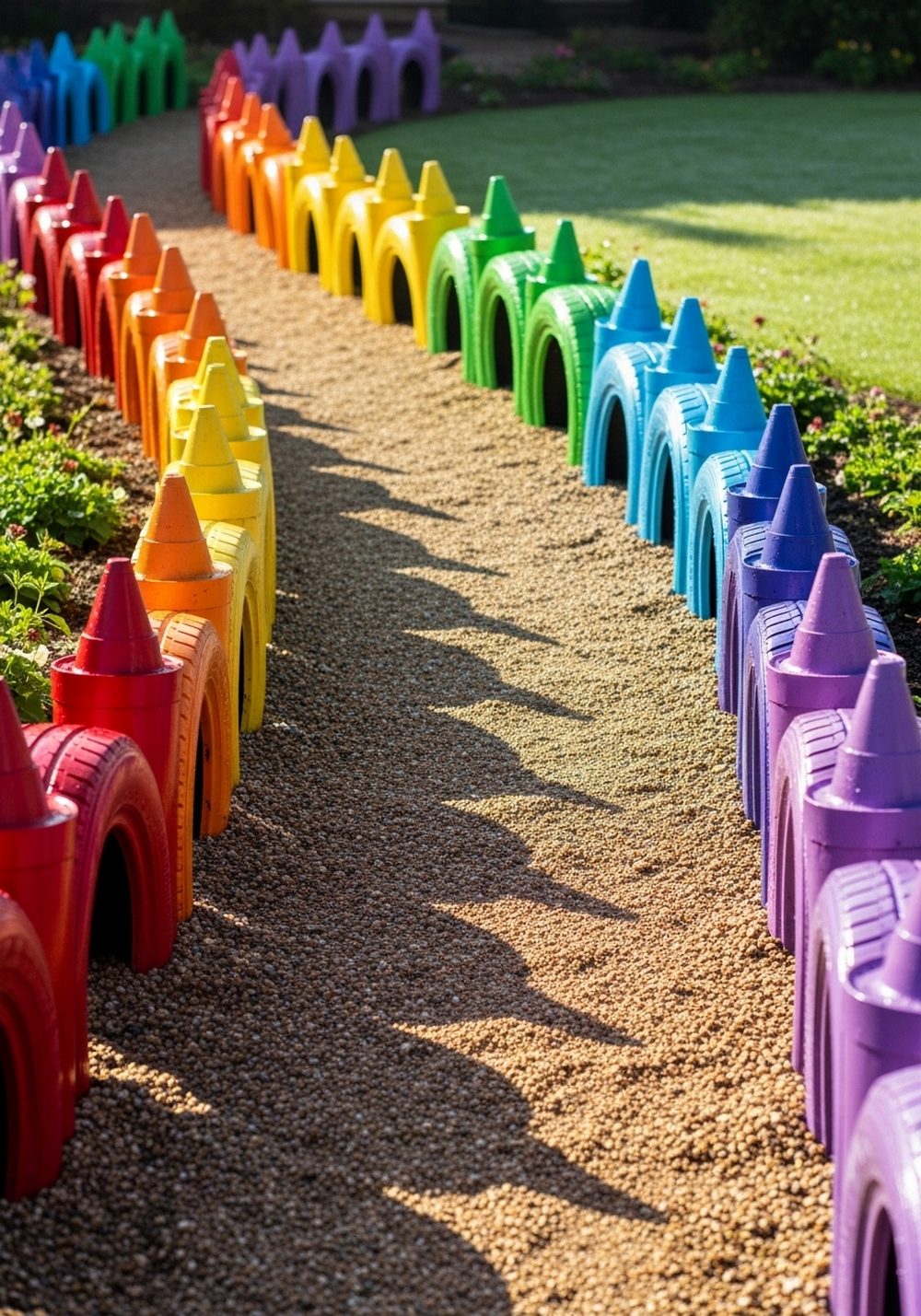 Rainbow Crayon Tire Edge Along The Front Path