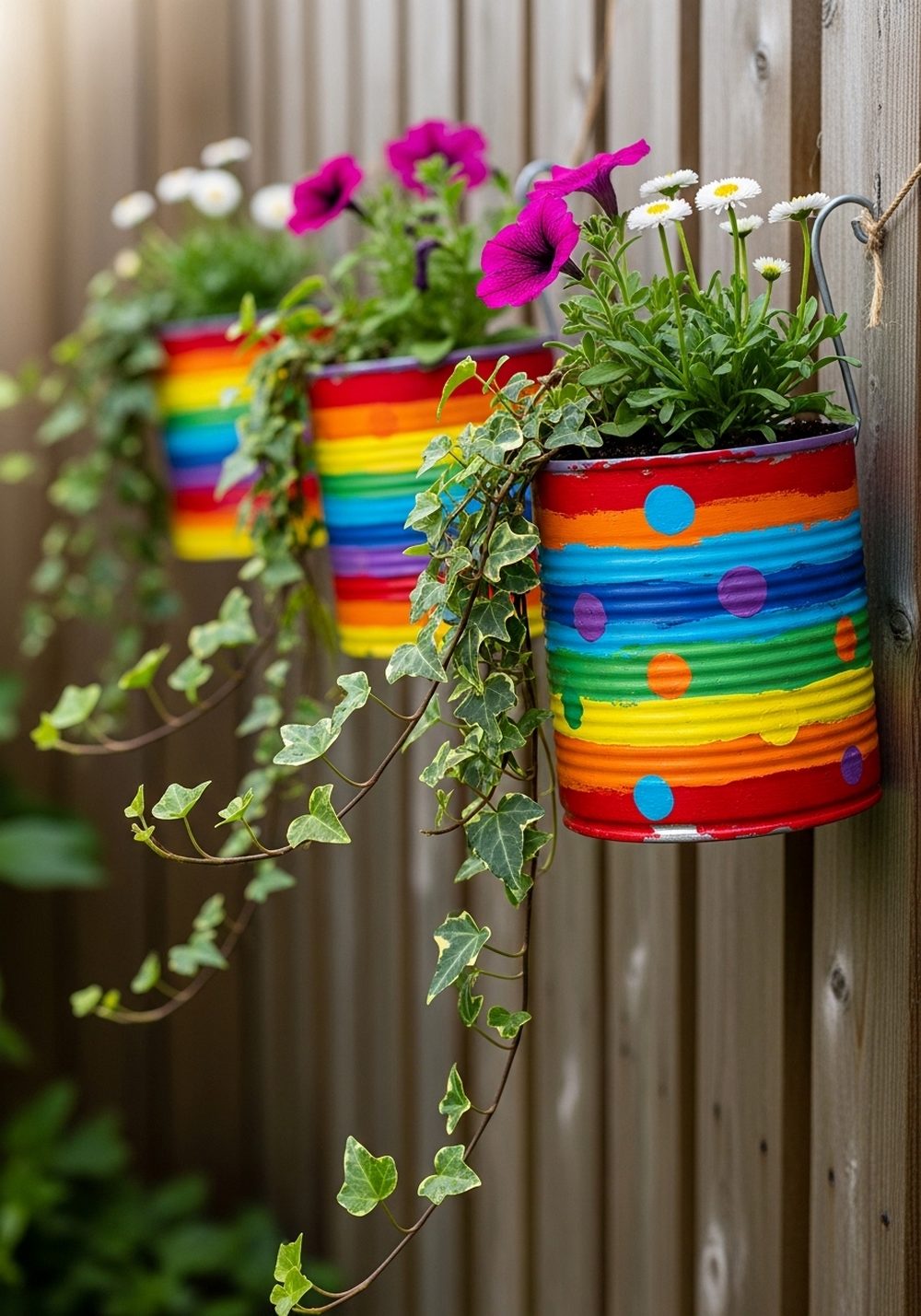 Rainbow Fence Tin Can Planters