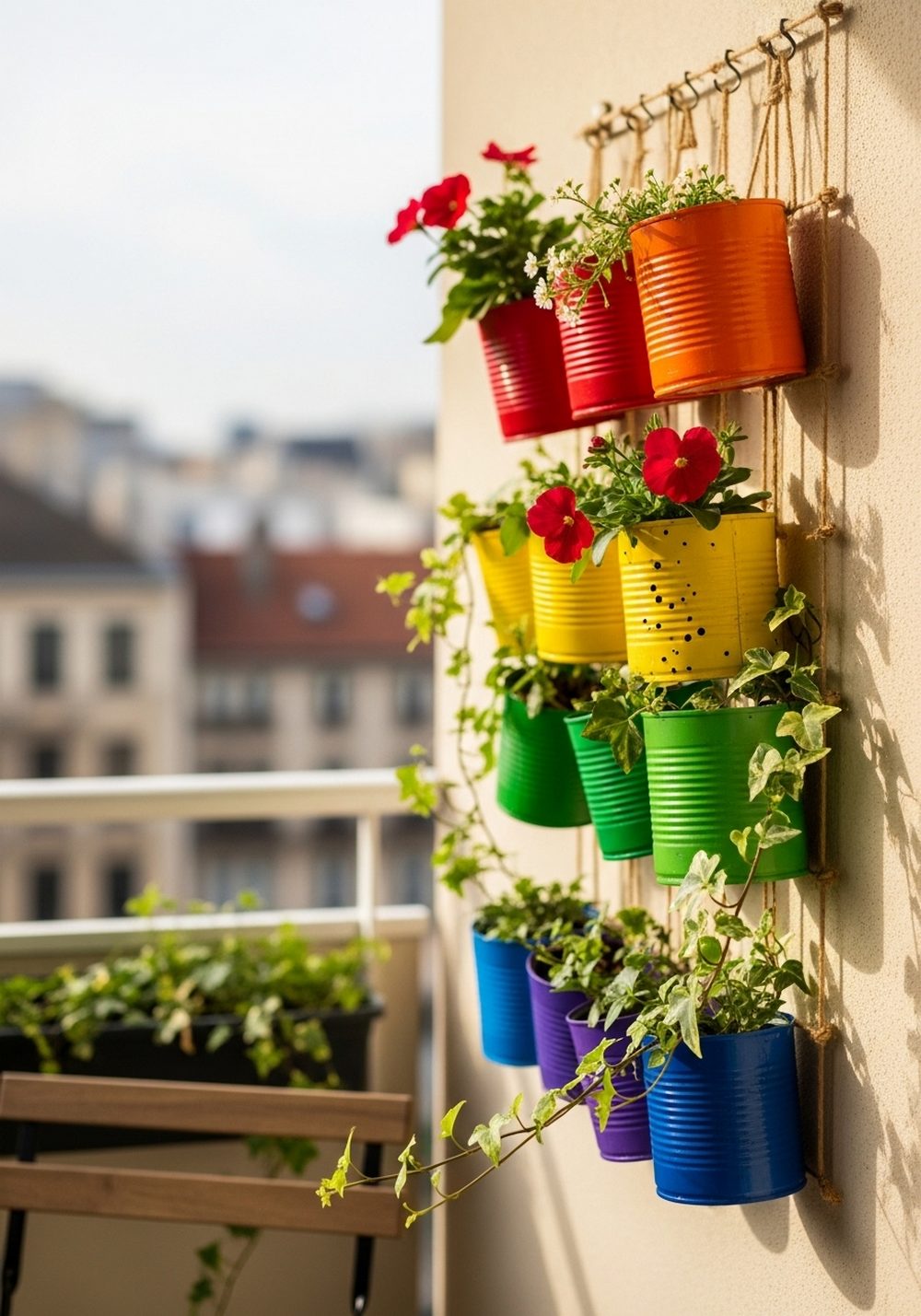 Rainbow Hanging Tin Can Planter Wall For Balconies