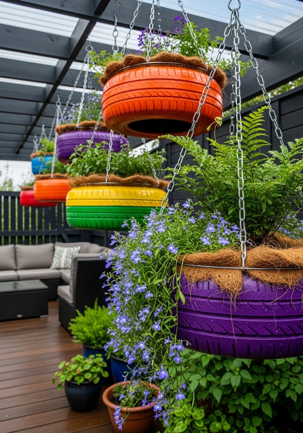 Rainbow Hanging Tire Planters