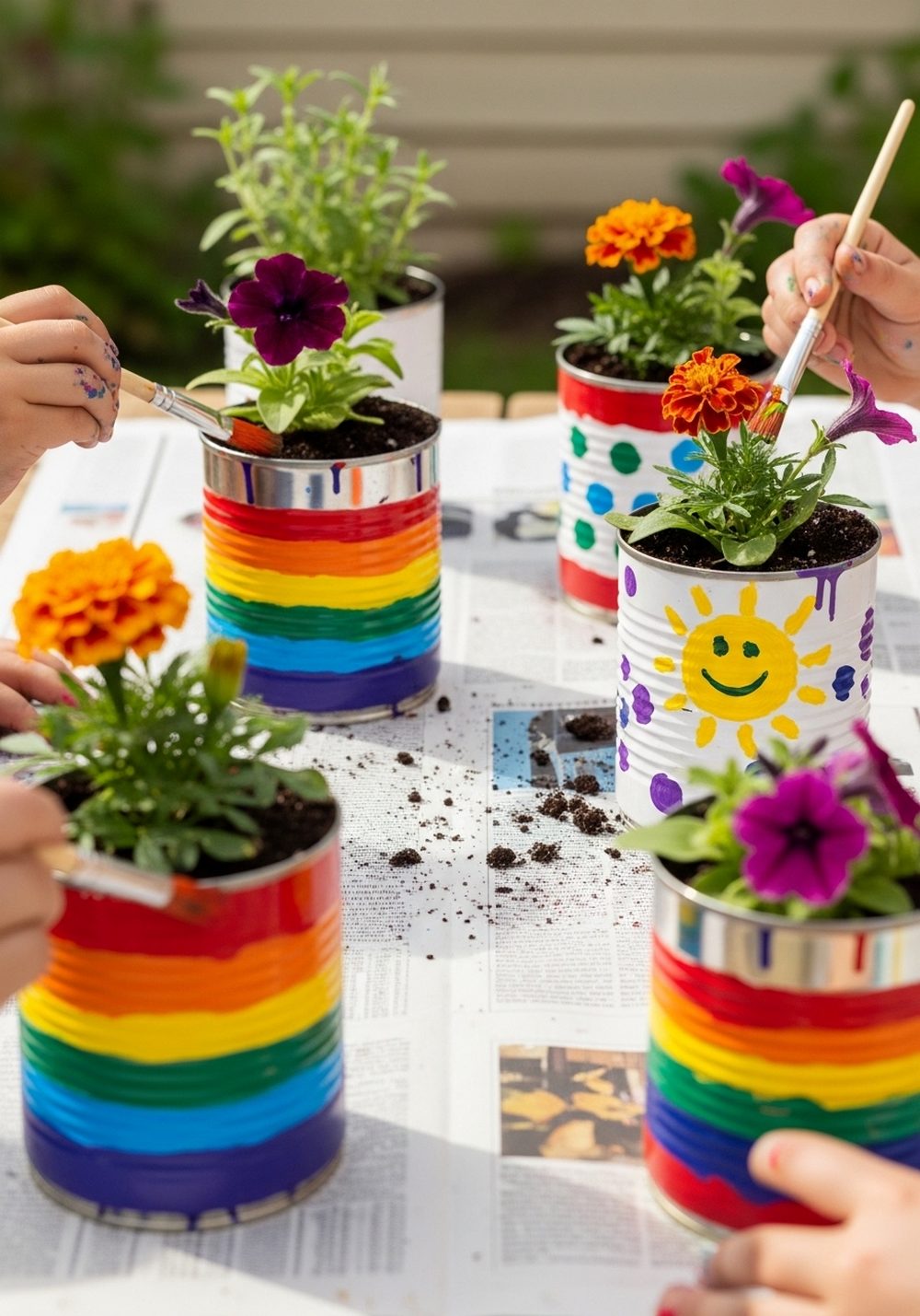 Rainbow Painted Tin Can Planters