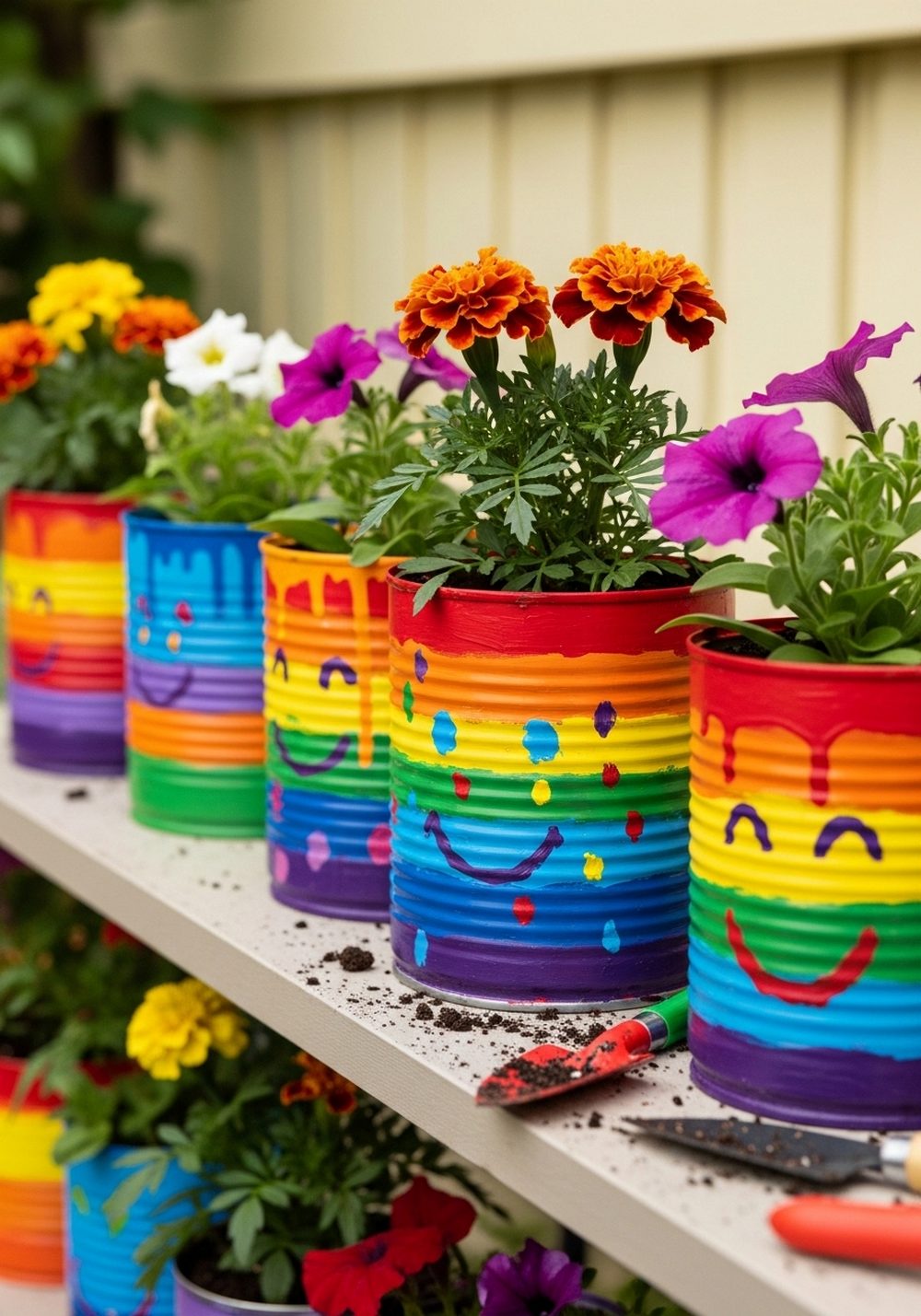 Rainbow Painted Tin Can Planters