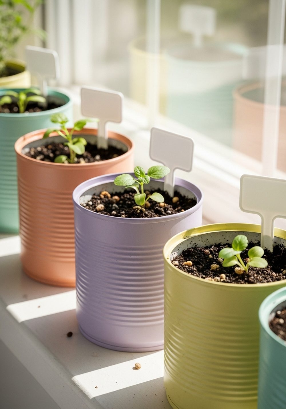 Rainbow Pastel Seedling Line-Up On A Windowsill