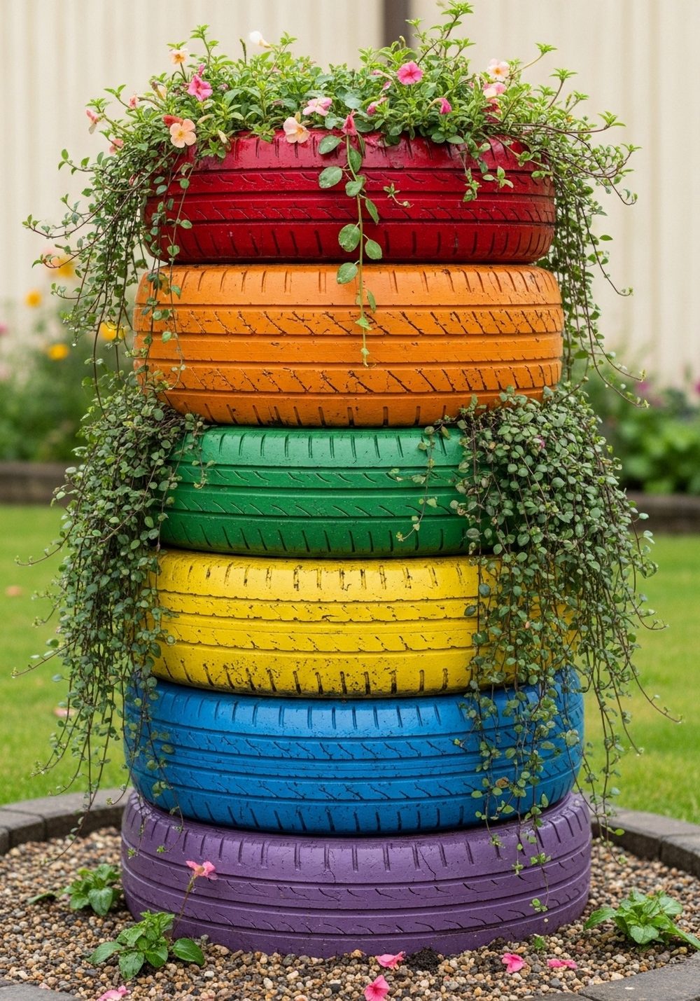 Rainbow Stack Tyre Planter Tower