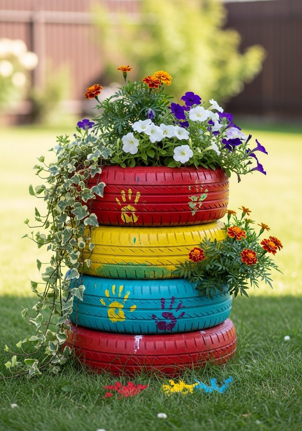 Rainbow Stacked Tire Flower Towers