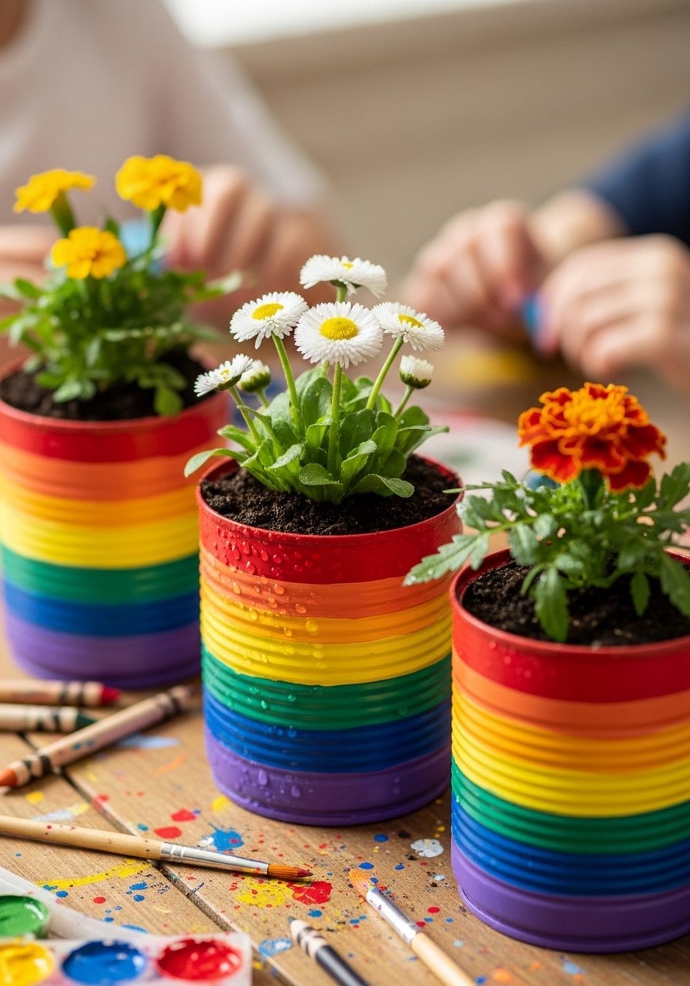 Rainbow-Striped Tin Can Flower Pots