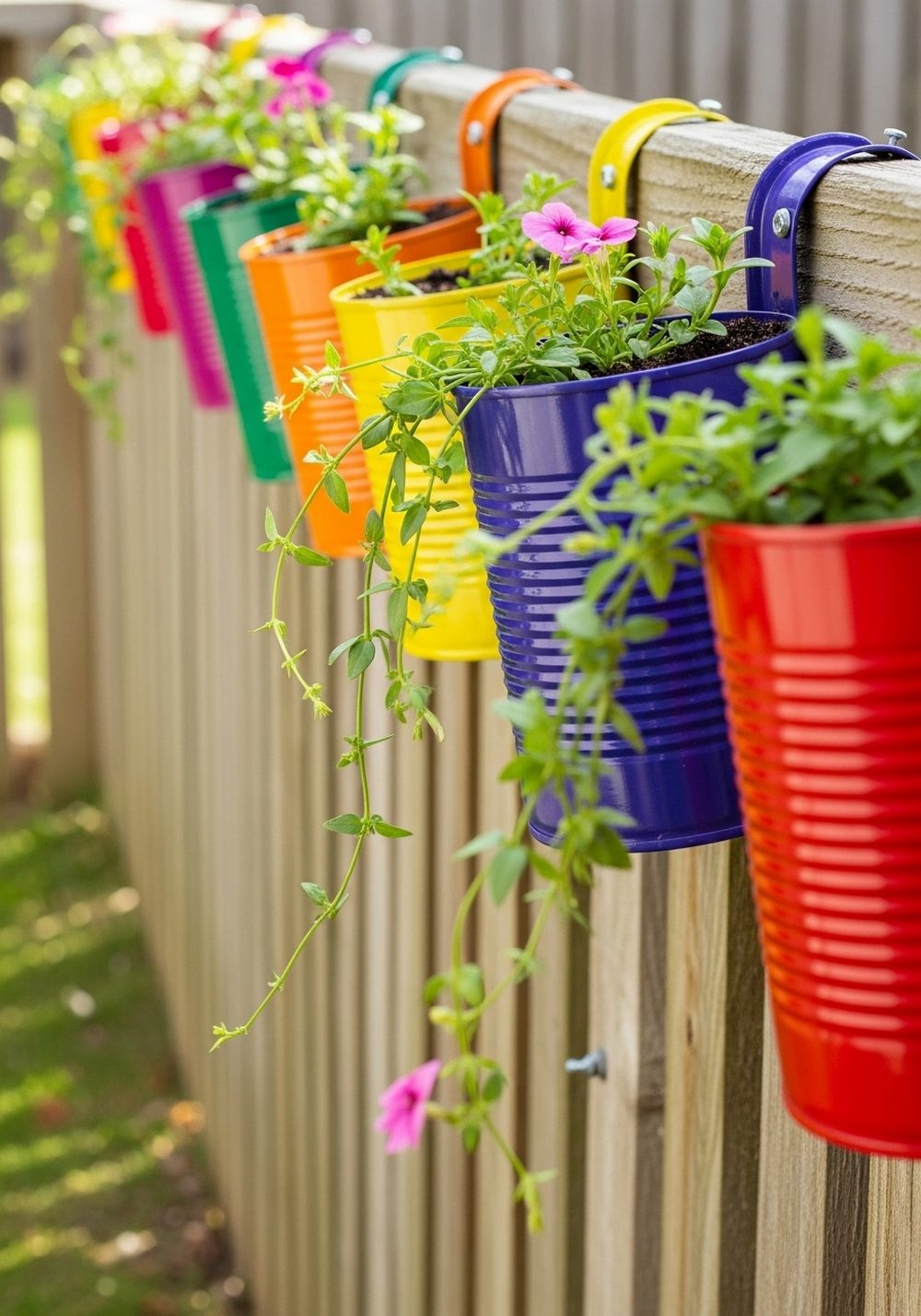 Rainbow Tin Can Fence Planters