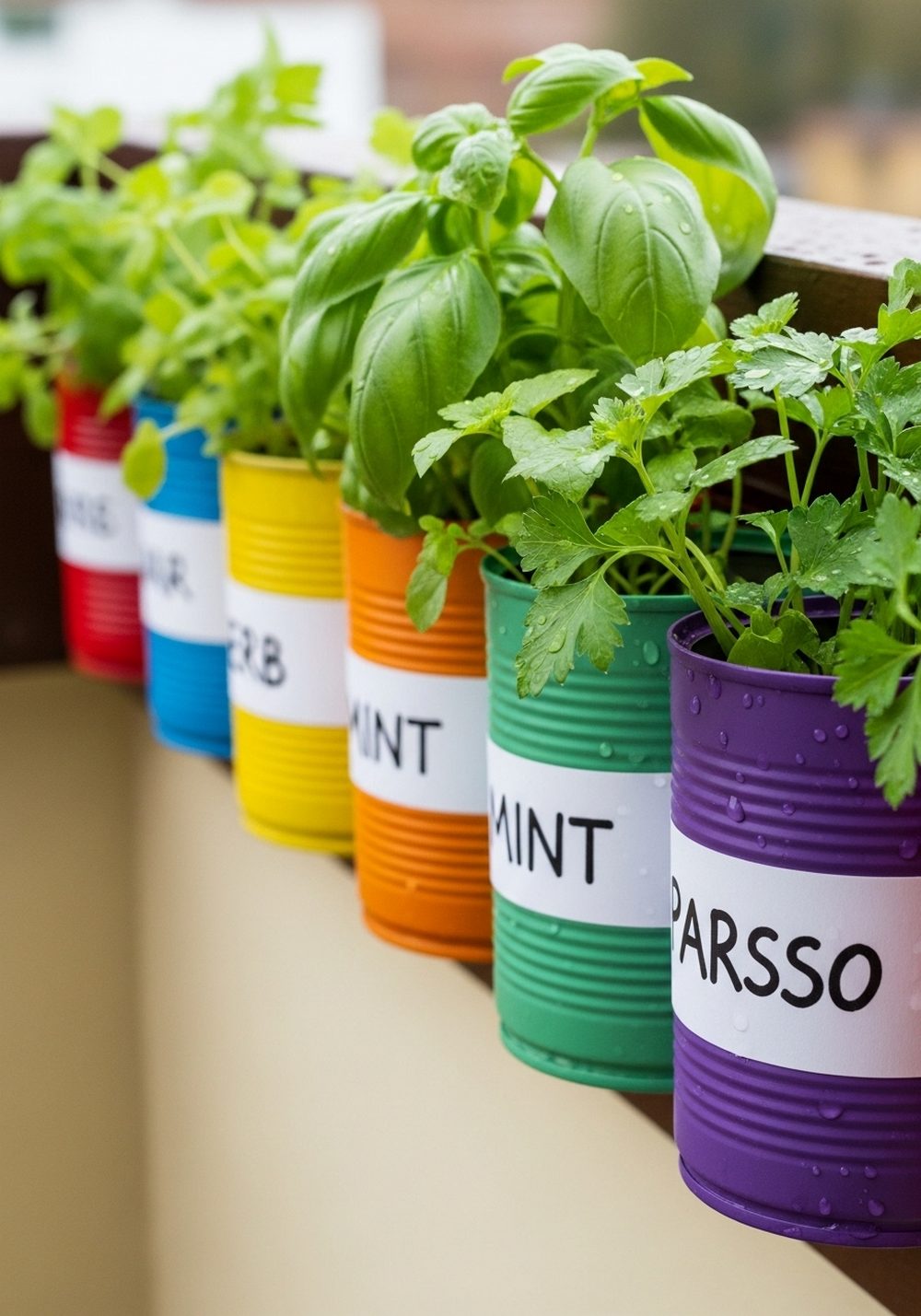 Rainbow Tin Can Herb Planter Rail For Kids