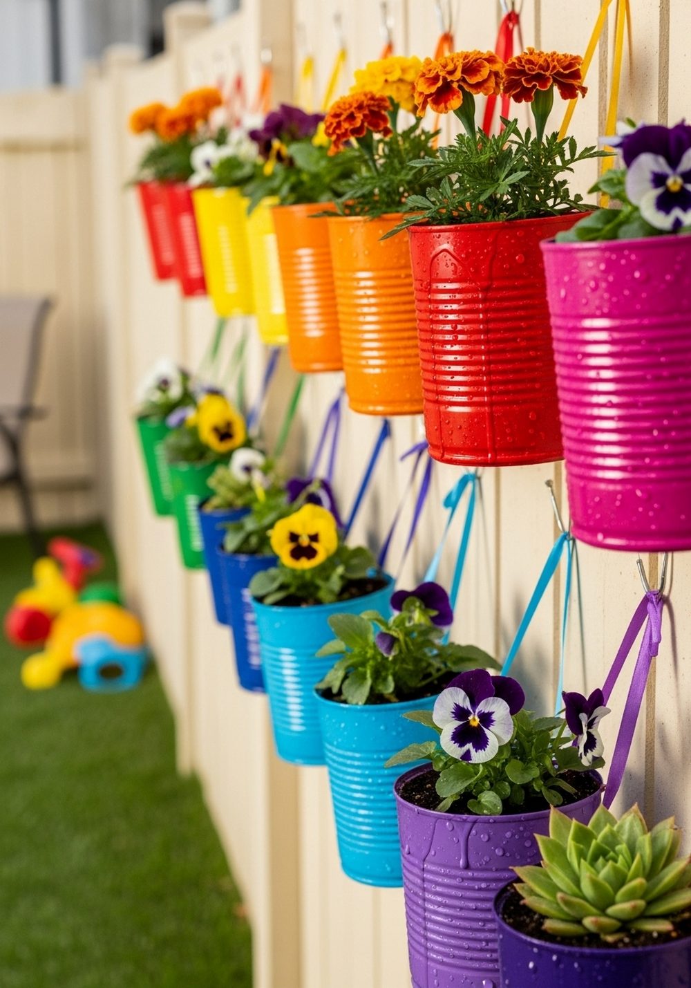 Rainbow Tin Can Kid-Friendly Fence Garden