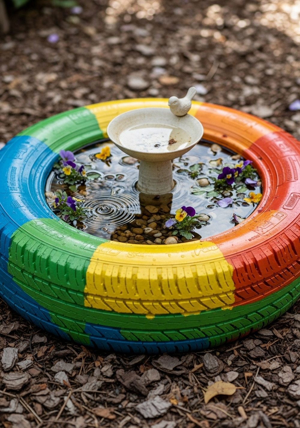 Rainbow Tire Ring Birdbath Planter