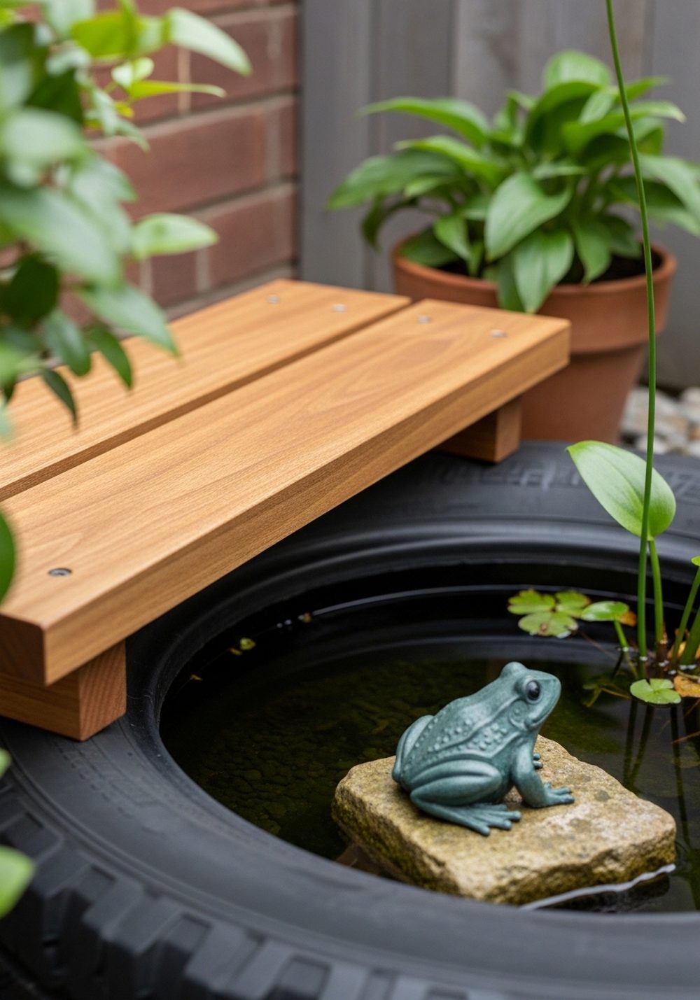 Raised Tire Frog Pond Bench Corner