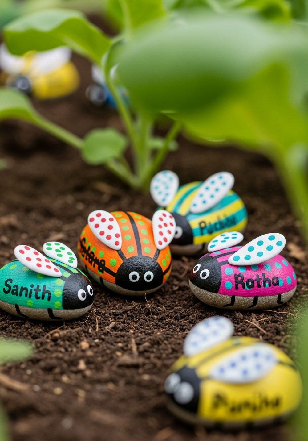 Rock Bug Family Garden Markers