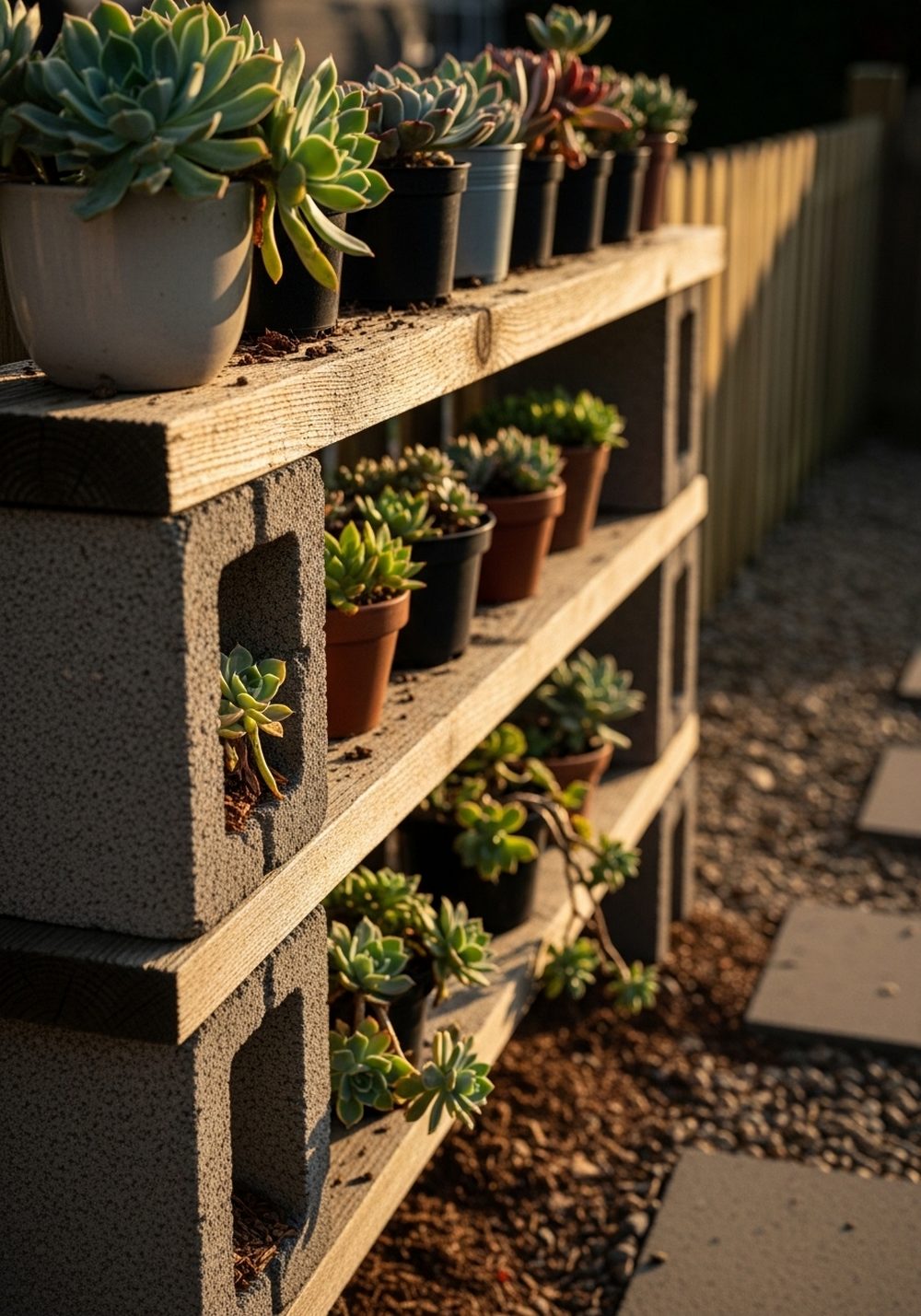 Rustic Cinder Block And Wood Shelf Wall