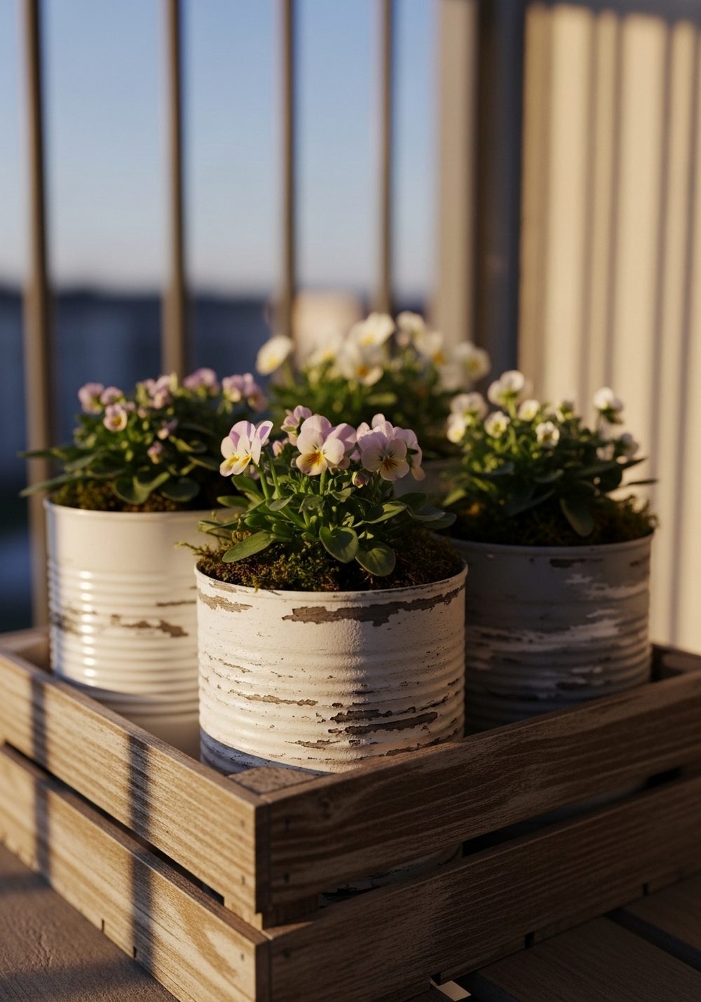 Rustic Distressed Tin Can Planters In A Wooden Crate
