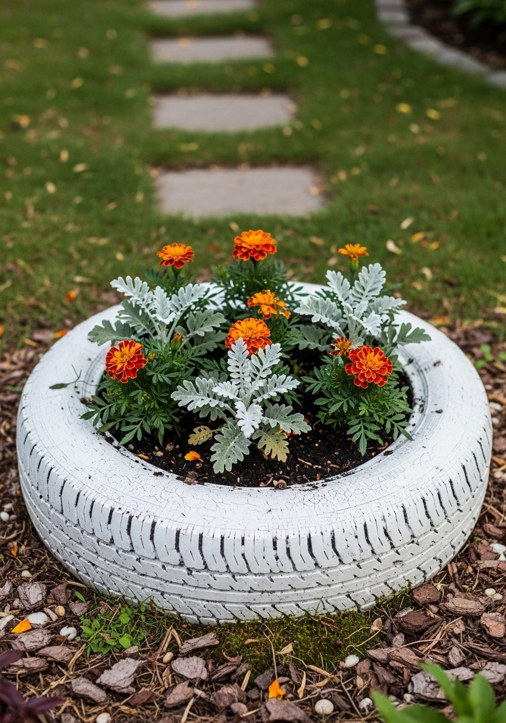 Rustic Ground-Level Tire Flower Ring