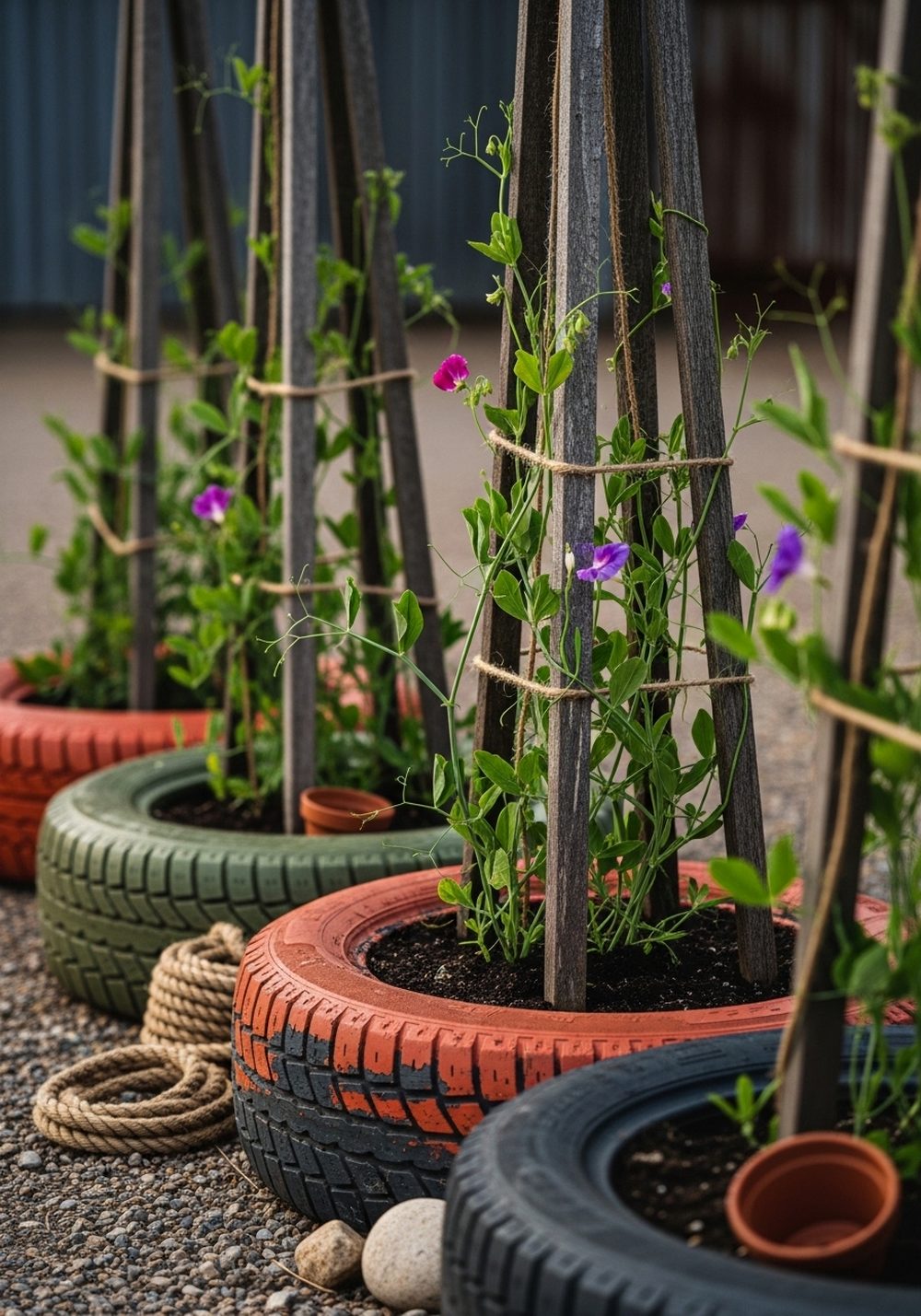 Rustic Tire Planters With Trellised Climbers