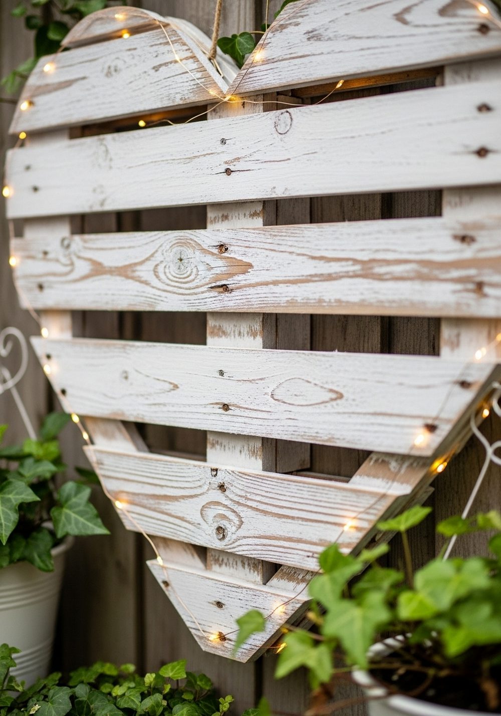 Rustic Whitewashed Pallet Heart With Fairy Lights