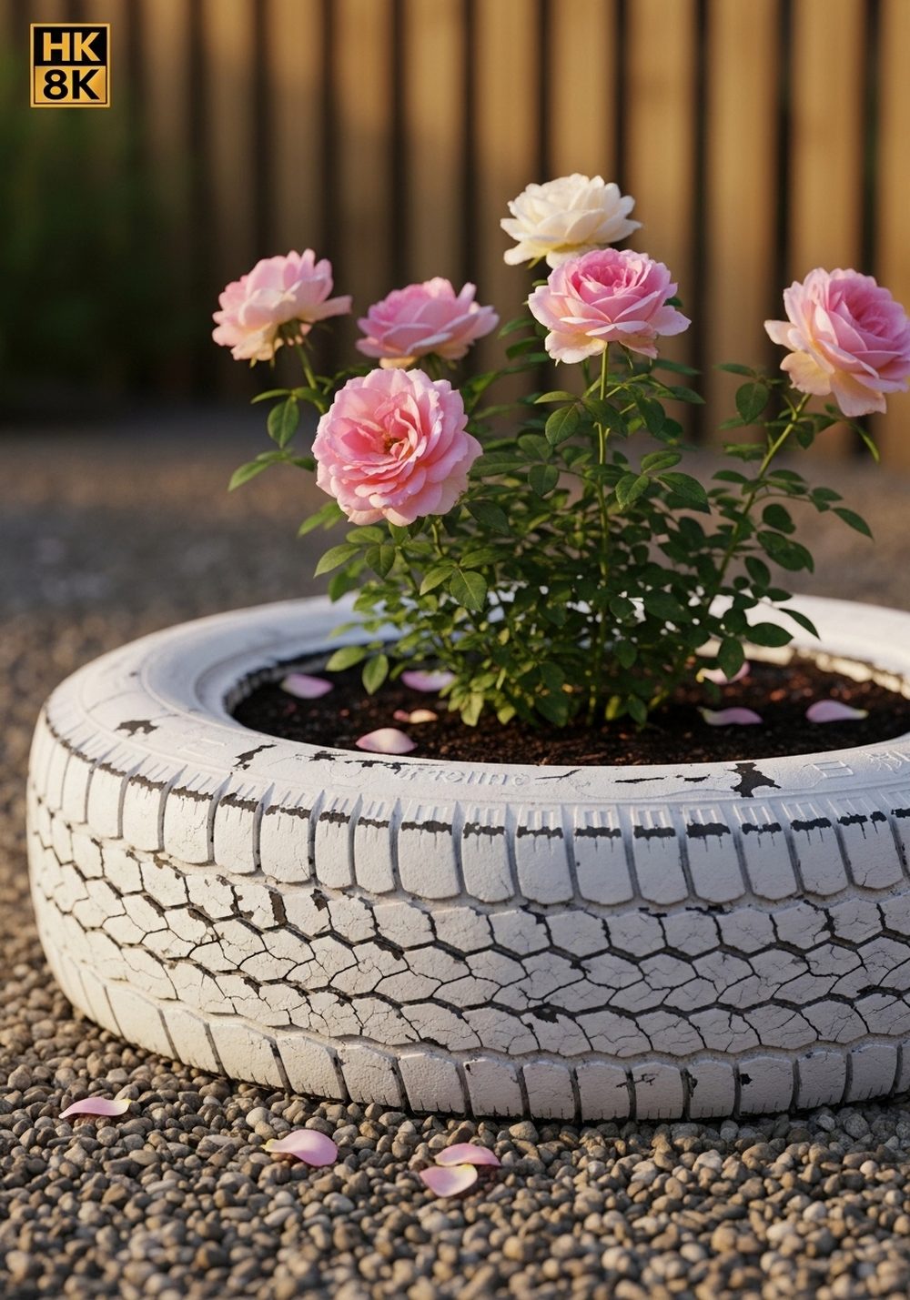 Rustic Whitewashed Tyre Rose Planter