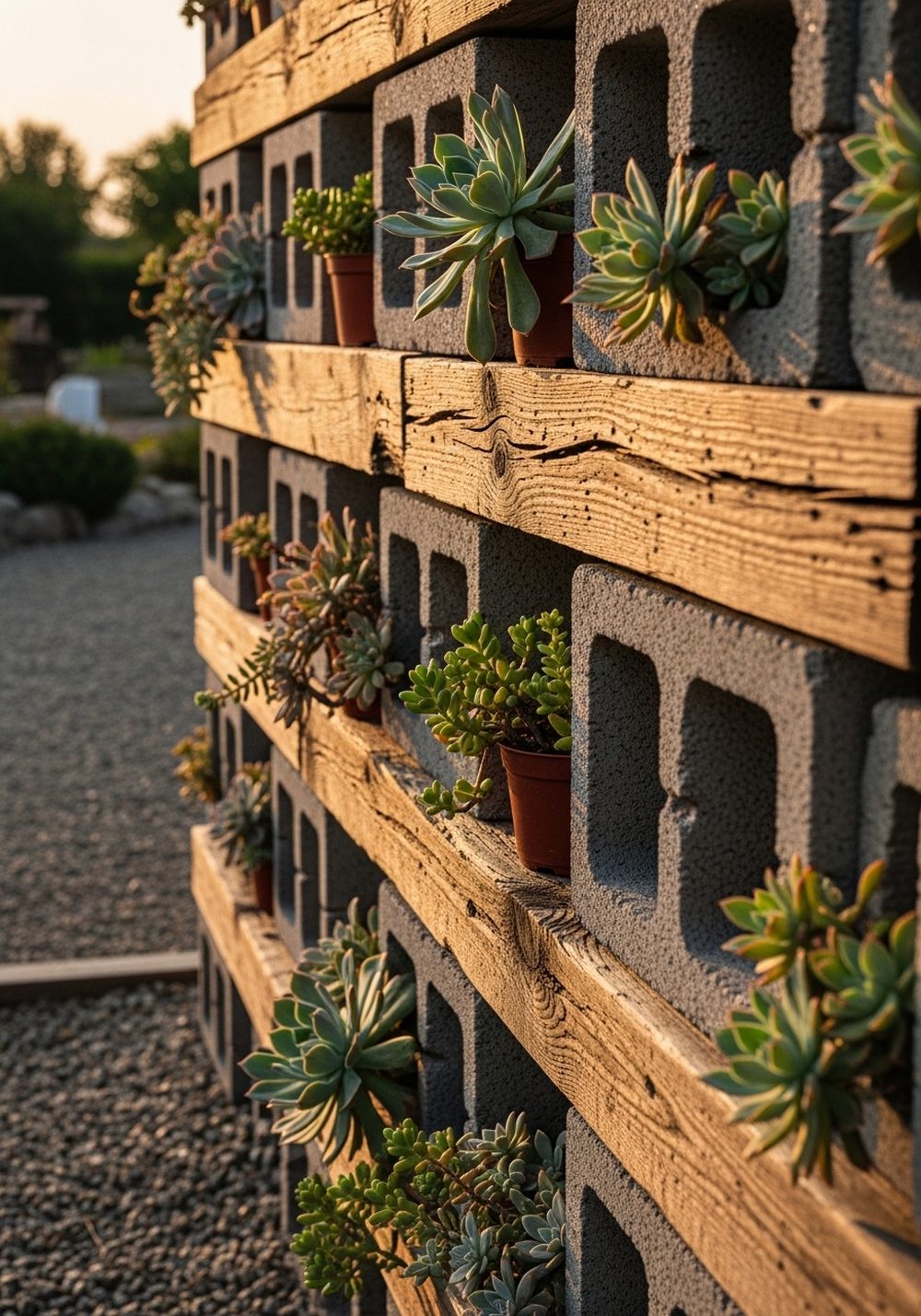 Rustic Wood-And-Cinder Block Succulent Wall