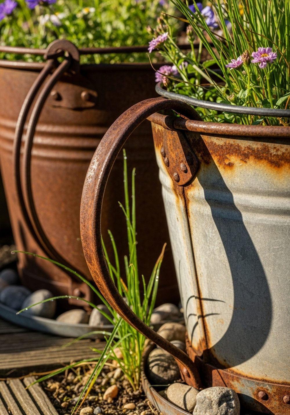 Rusty Metal Buckets And Pails As Rustic Planters