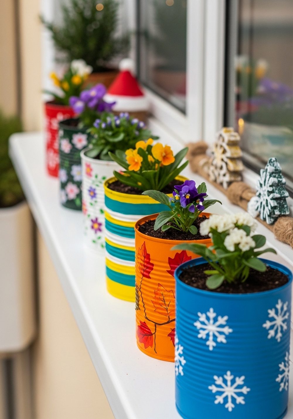 Seasonal Theme Painted Tin Cans You Can Swap Out