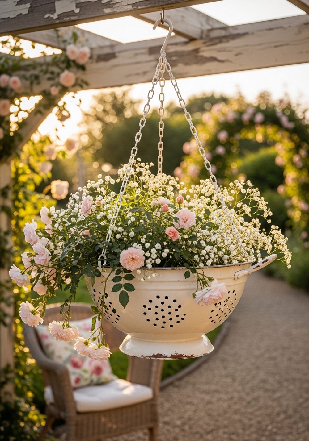Shabby-Chic White Colander Rose Basket