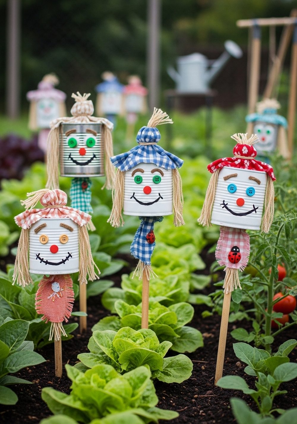 Silly Tin Can Scarecrow Faces On Stakes