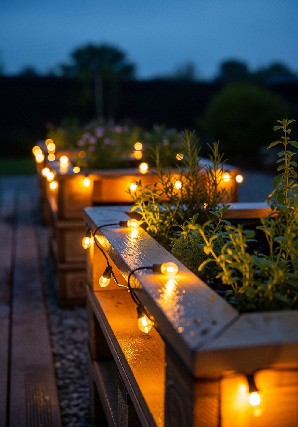 Softly Lit Pallet Raised Beds For Evening Garden Glow