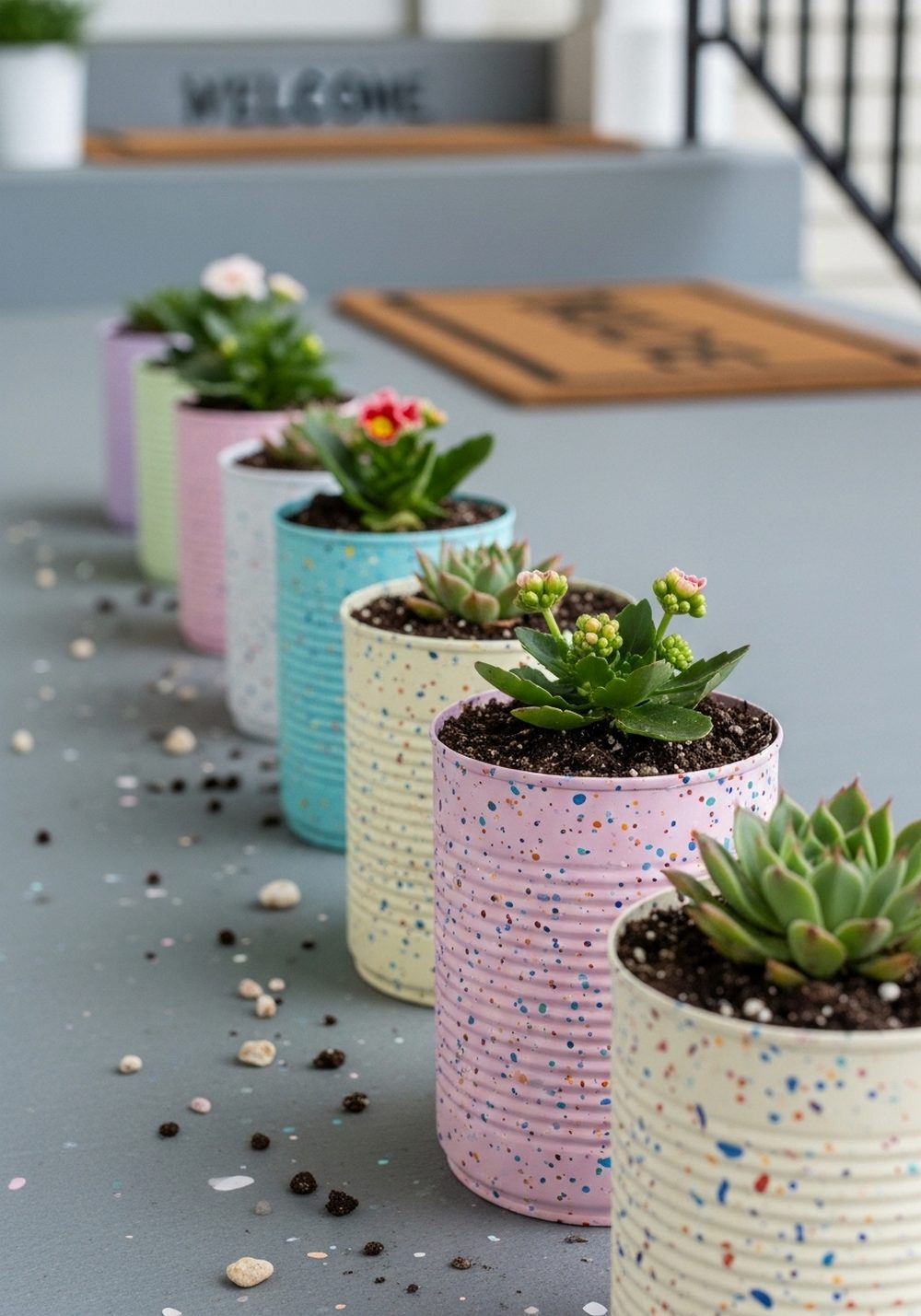 Speckled Faux-Terrazzo Tin Can Planters
