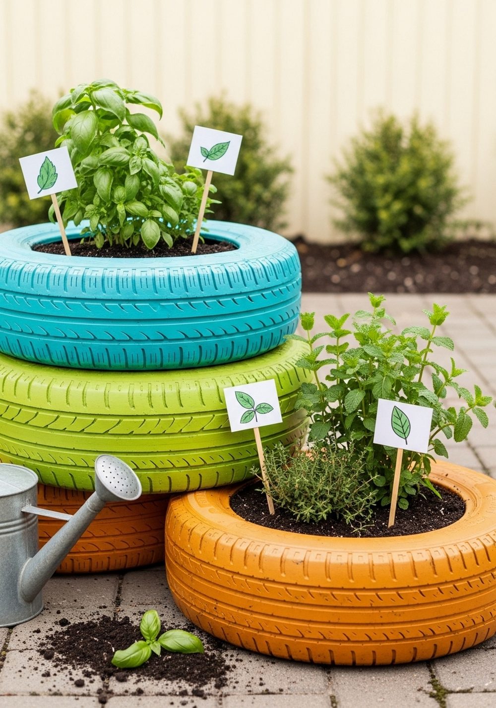 Stack Tires For A Colorful Herb Tower