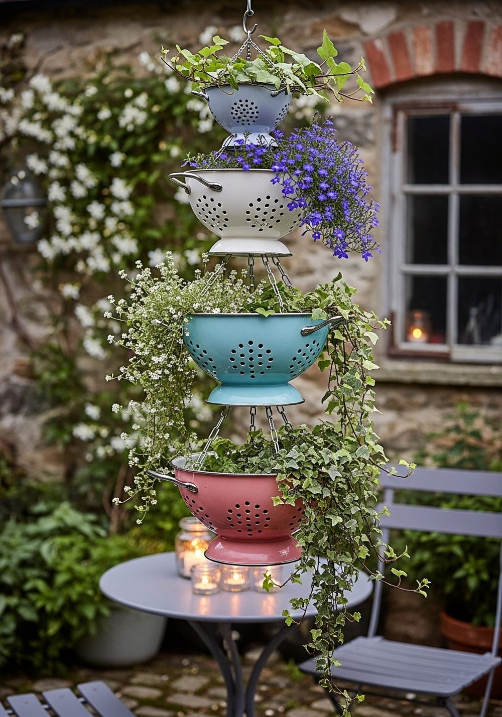 Stacked Colander Chandelier Planter