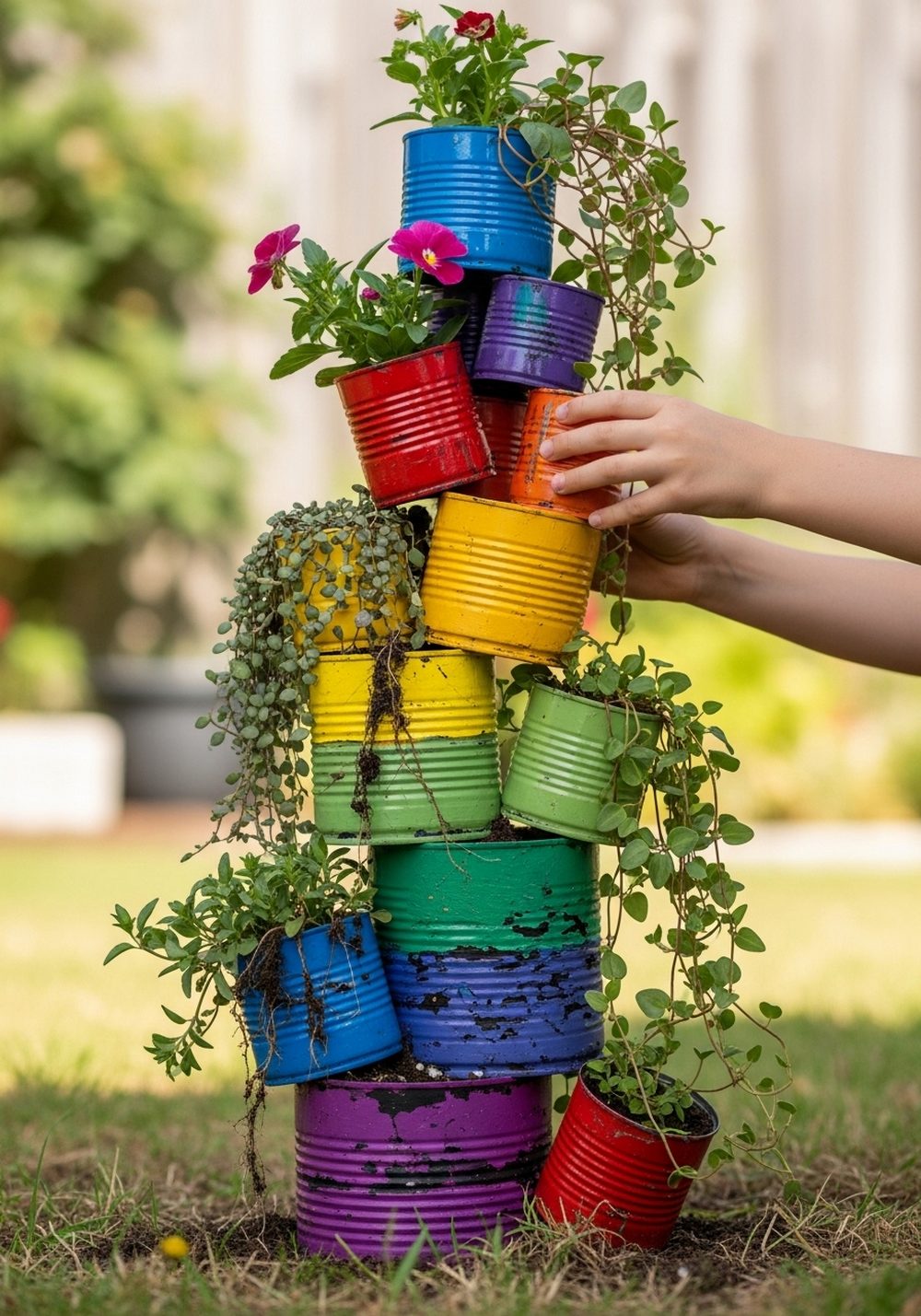 Stacked Tin Can Rainbow Planter Tower
