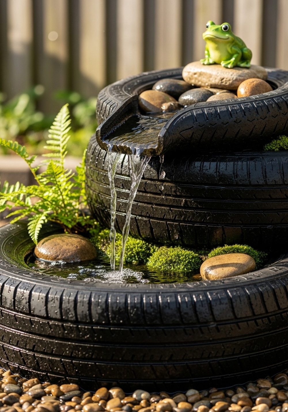 Stacked Tire Frog Pond With Mini Waterfall