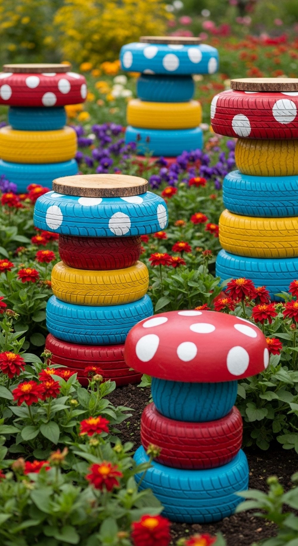 Stacked Tire Mushroom Totems In Flower Beds