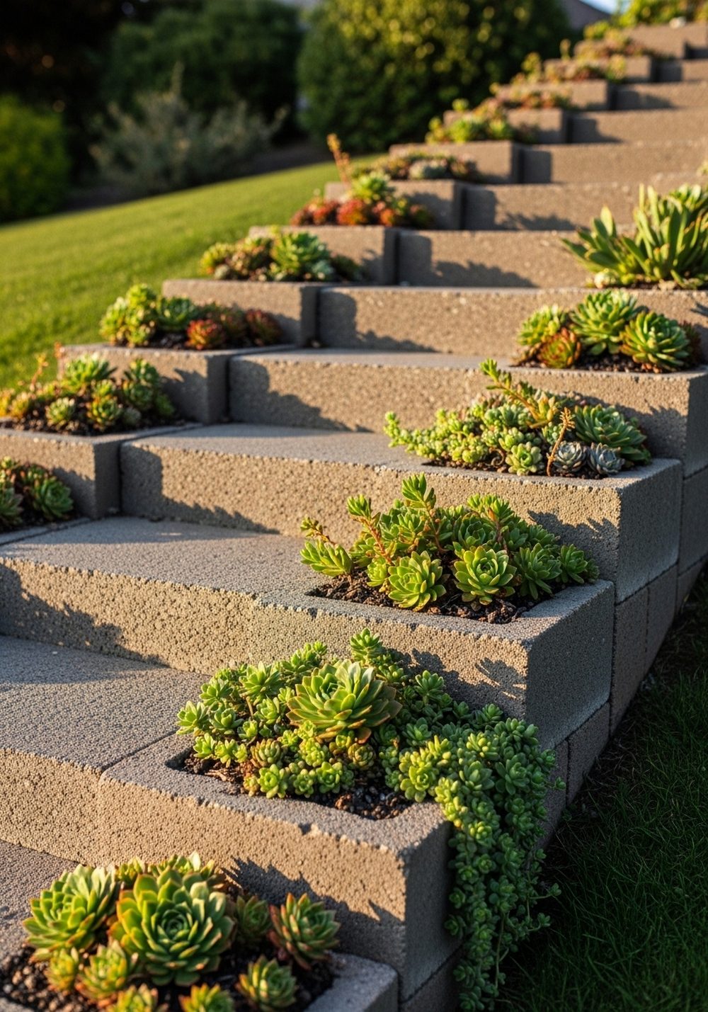 Stair-Step Succulent Wall Along A Slope