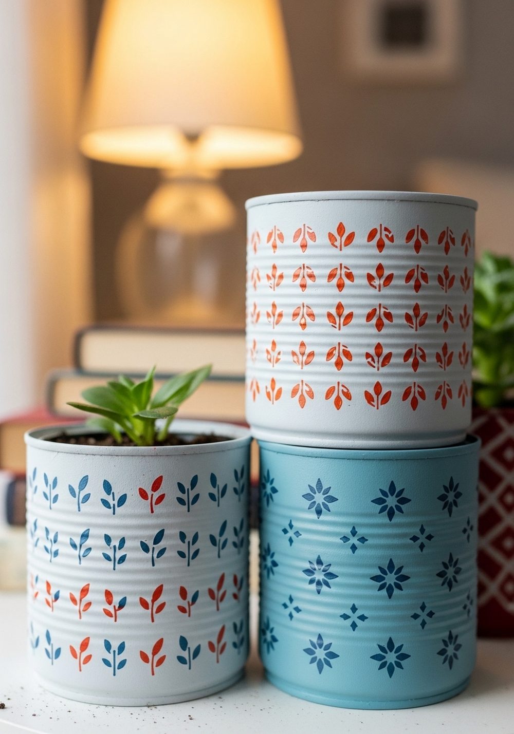 Stencilled Pattern Tin Can Trio For Side Tables