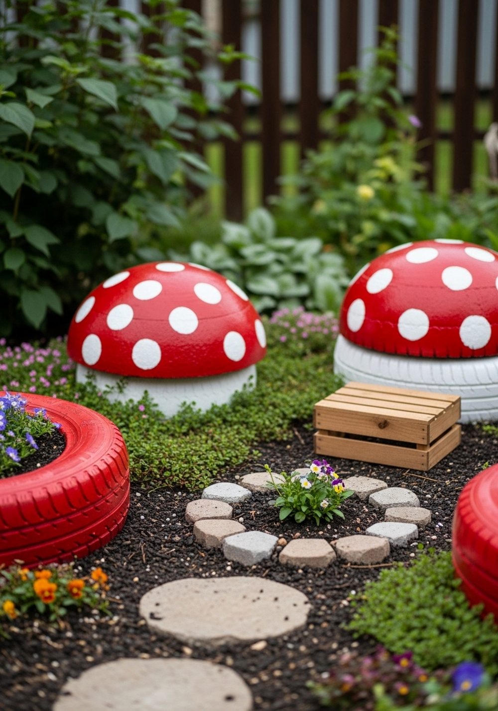 Storybook Corner With Painted Tire “Toadstool” Planters