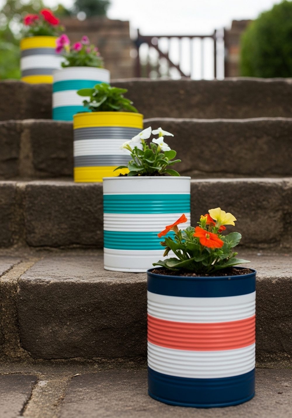 Striped Tin Can Staircase Planters