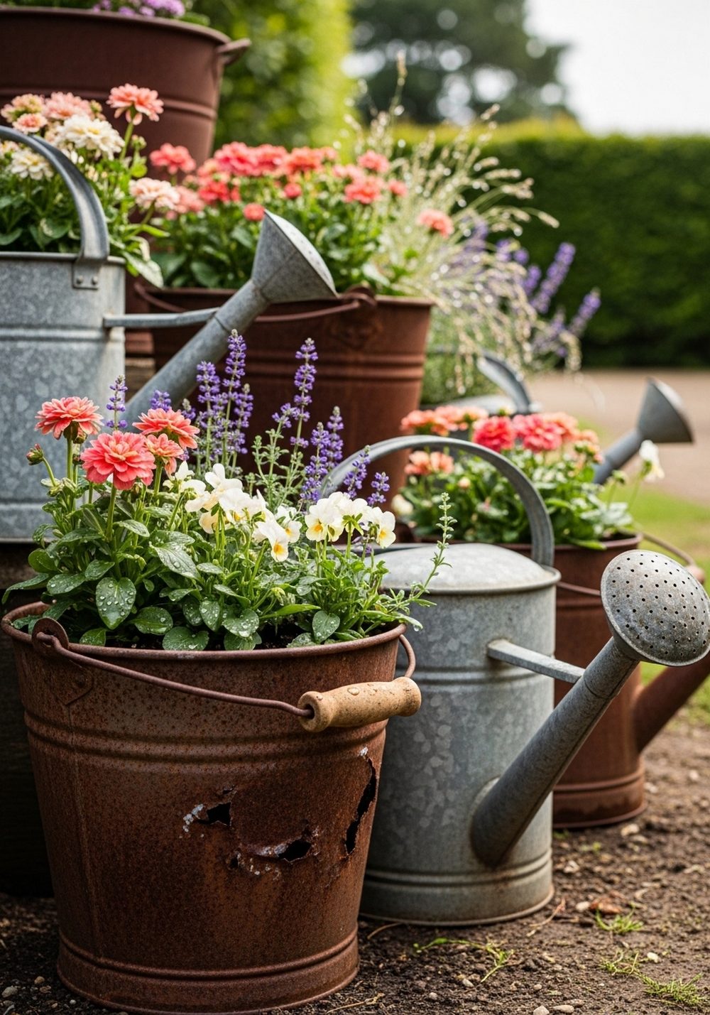 Style Rusty Buckets And Watering Cans With Flowers