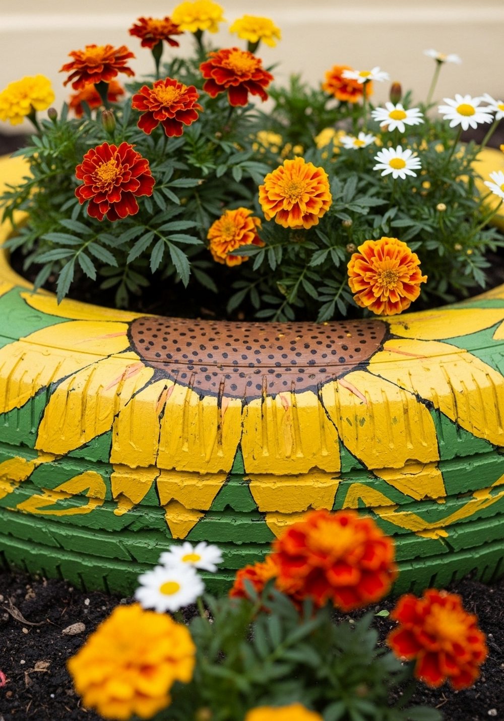 Sunflower-Themed Tyre Flower Bed