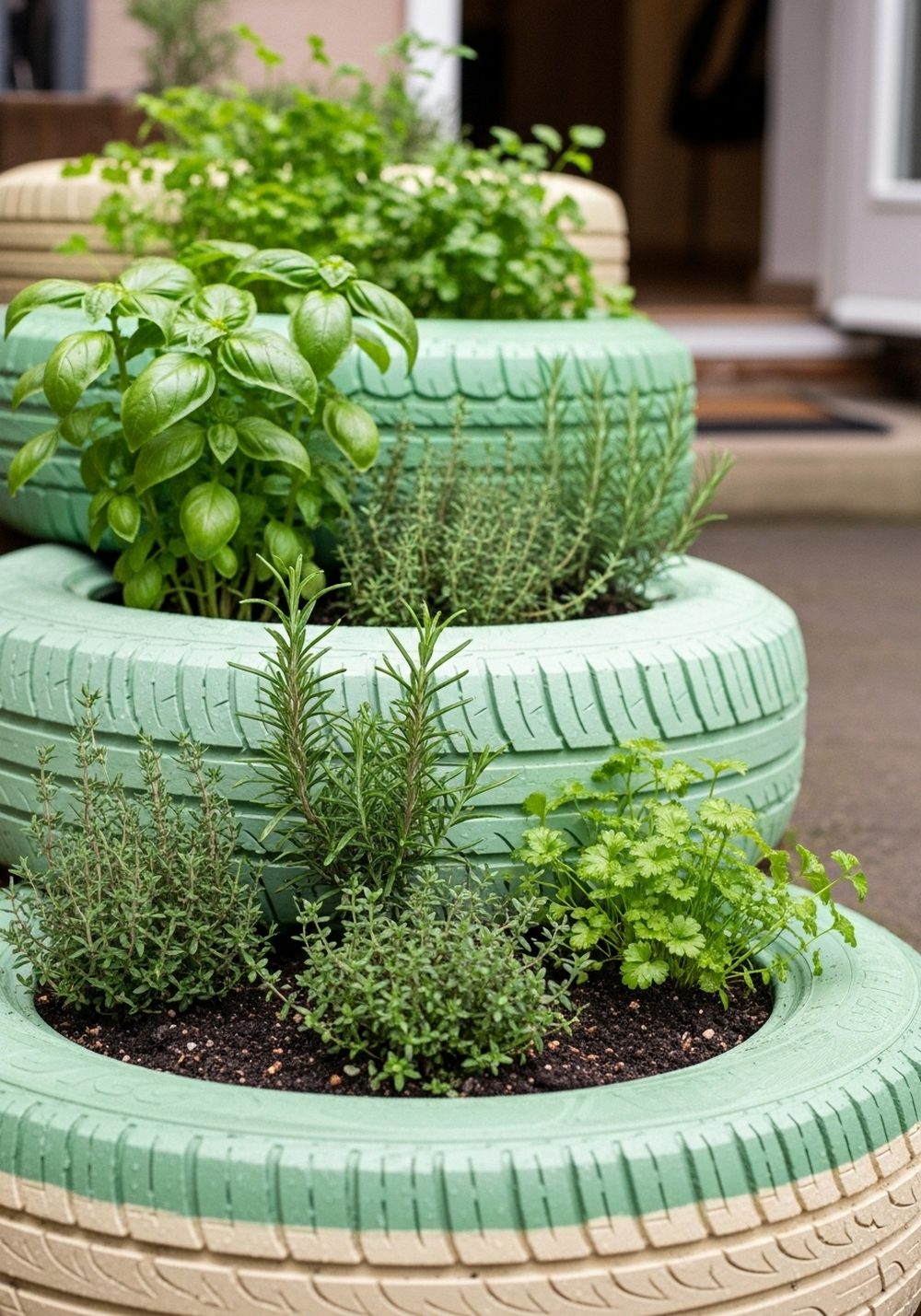 Tiered Tire Herb Garden By The Kitchen Door