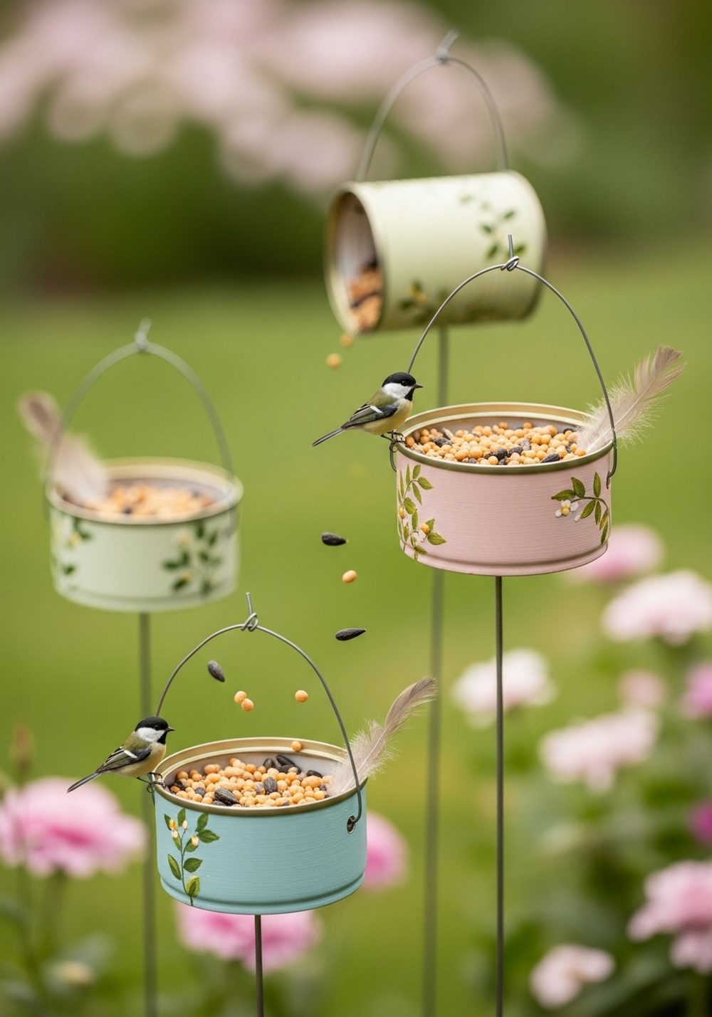 Tin Can Bird Feeders On Garden Stakes