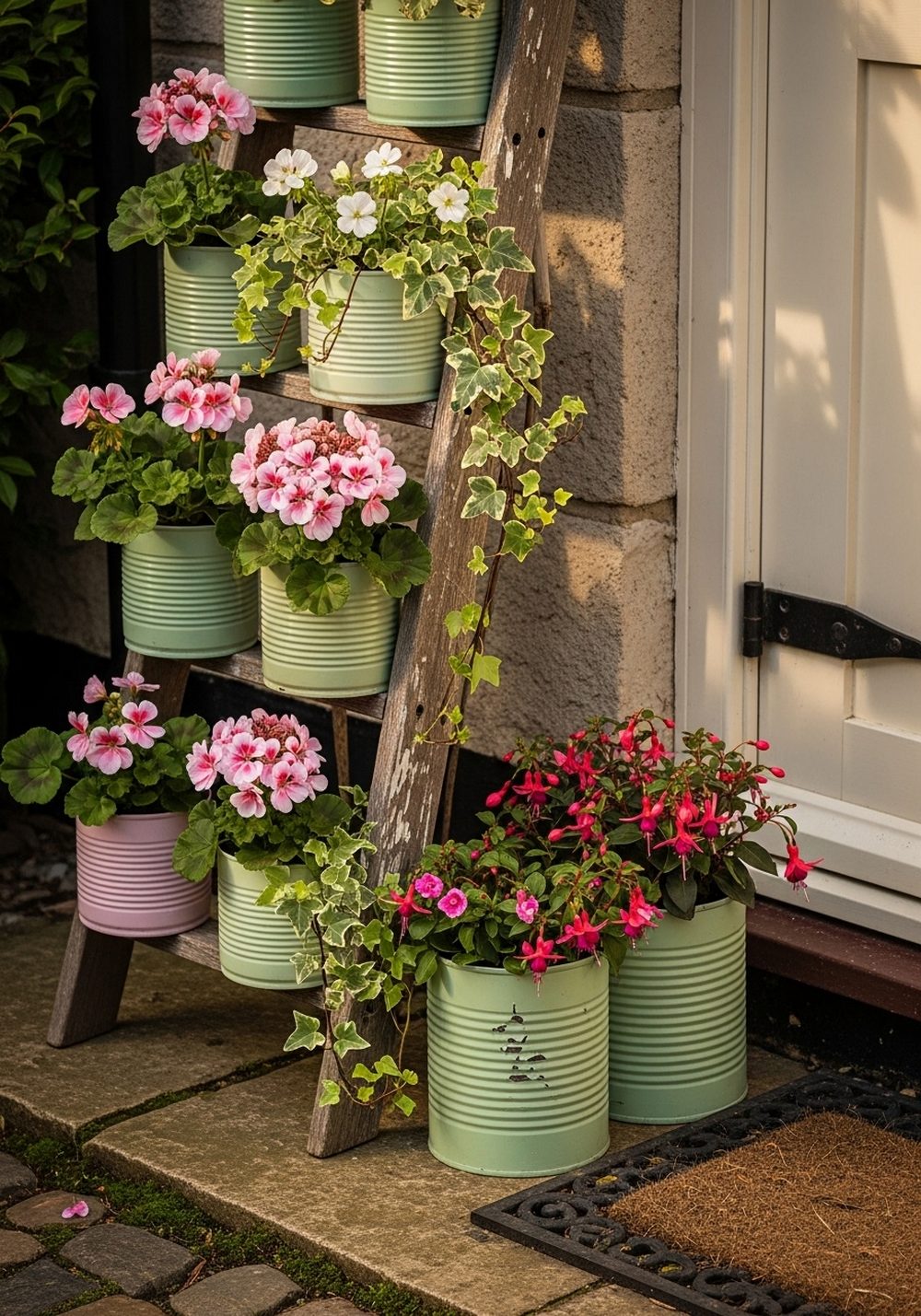 Tin Can Planter Ladder By The Back Door