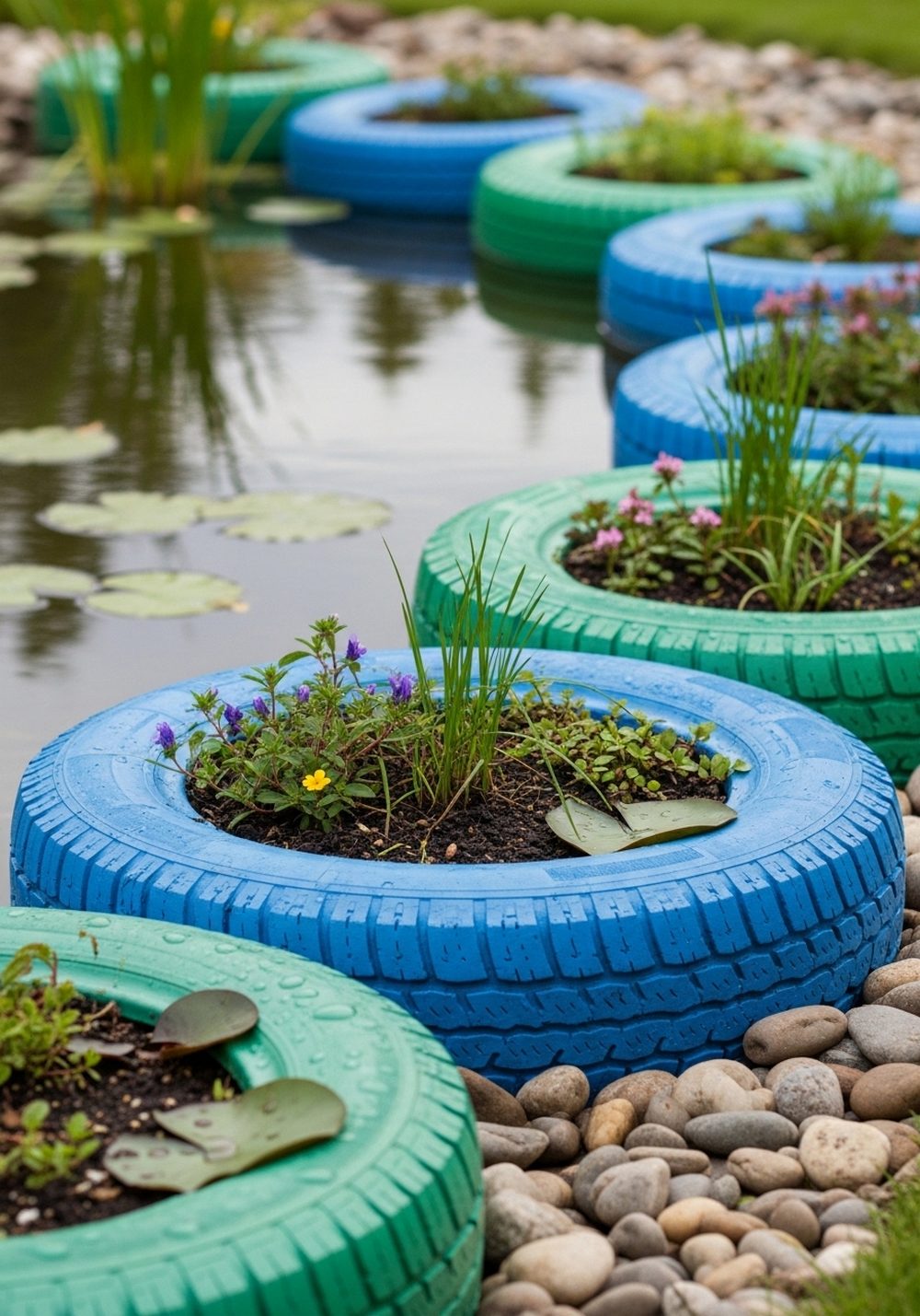 Tire Border Planters Around a Mini Pond