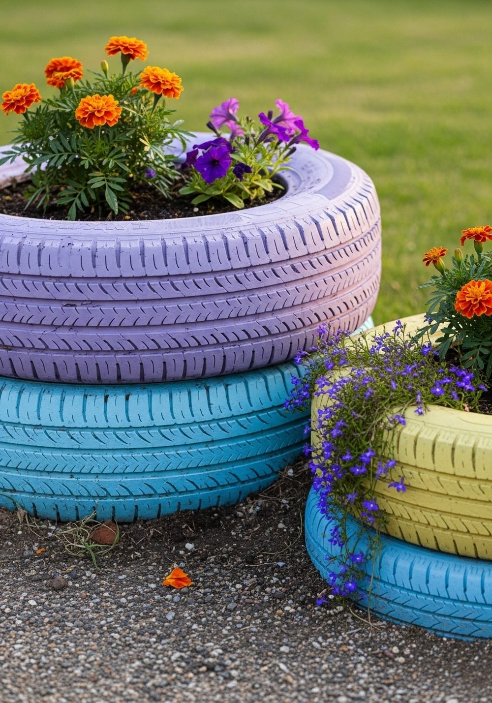 Tire Flower Beds With Pastel Paint